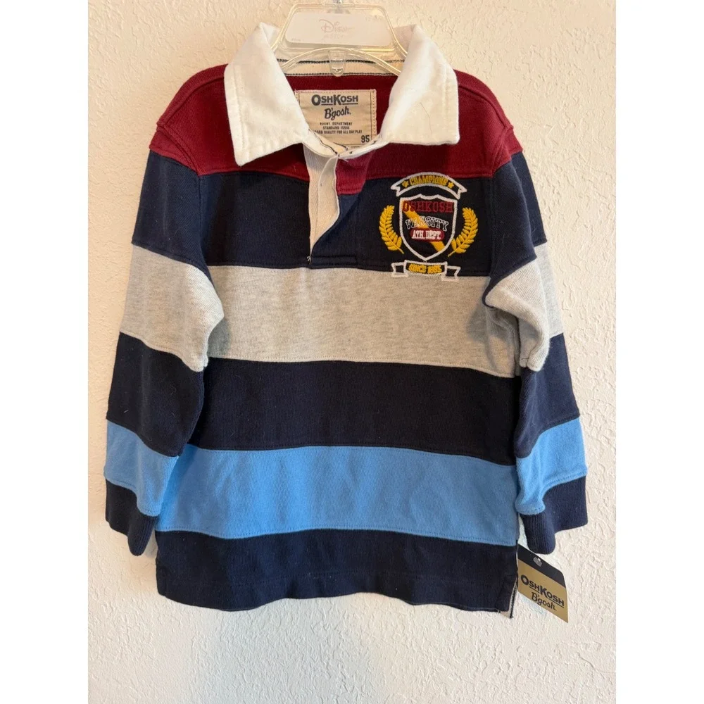 OshKosh B'gosh Boys 3T Rugby Shirt Striped Long Sleeve Varsity Crest Navy Blue